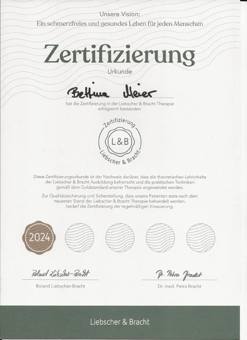 Zertifizierungsurkunde Liebscher & Bracht von Bettina Meier, Schmerztherapie in Alsterdorf